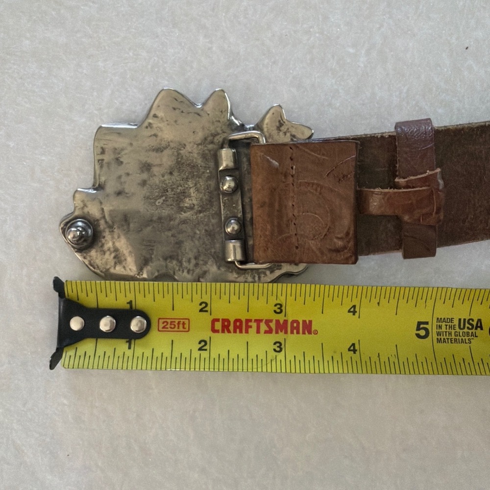 Garuglieri Italy Brown Leather Floral Embossed Belt Silver Flower Buckle Large - Picture 6 of 10
